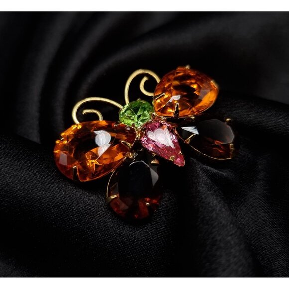 Vintage Joan Rivers Signed Butterfly Brooch With Sparkling Orange Pink & Green R - Picture 4 of 6